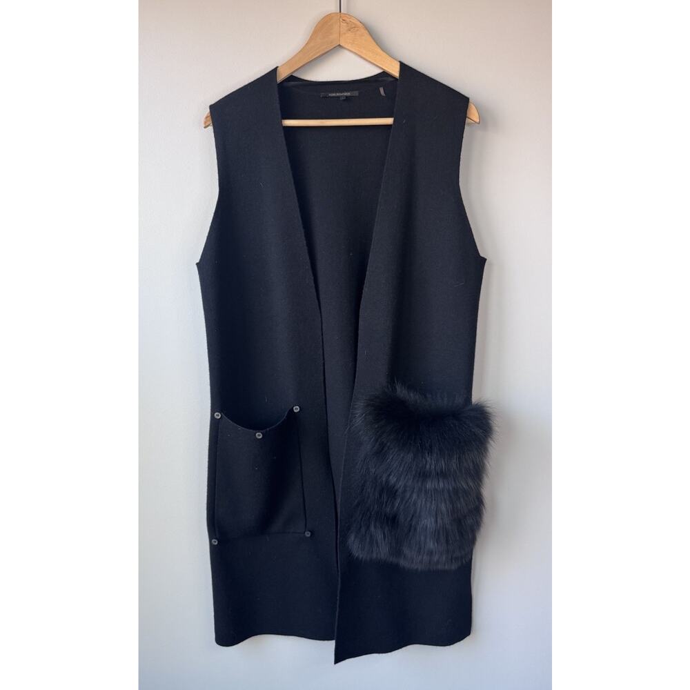 Kobi Halperin Size L Long Line Cardigan Vest Wool Real Fur Pocket